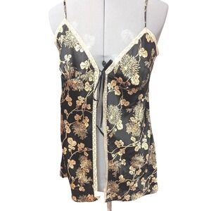 Victorias Secret Black Gold Floral Lace Trim Coverup Medium M Chemise tie front